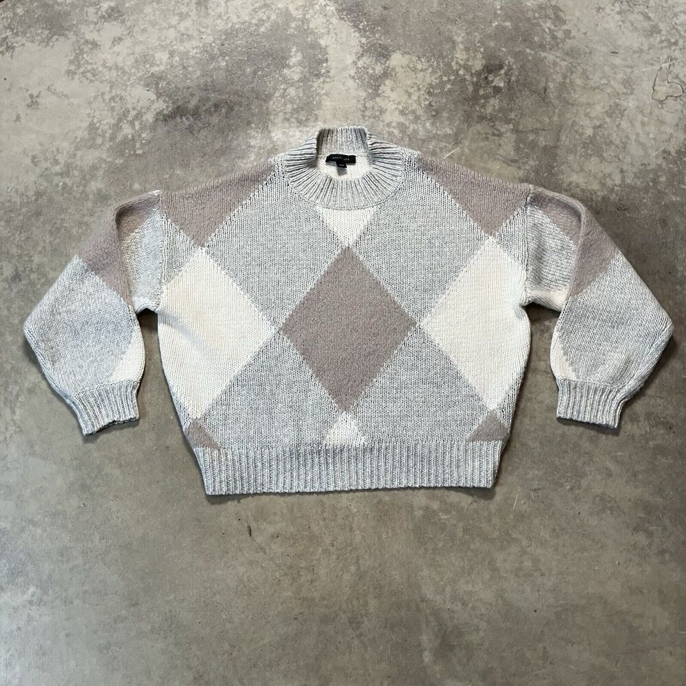 Ann Taylor Sweater L Argyle Harlequin Alpaca Wool Blend Drop Sleeve Earth tones